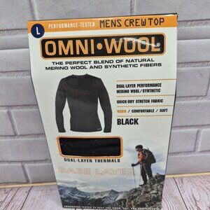 Omni Wool Men's Black Base Layer Zip Long Sleeve Top Shirt Thermal Size Lrg NIB